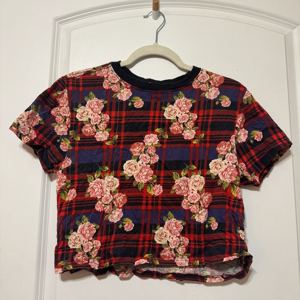 Forever 21 Grunge Floral Plaid Crop Top Medium